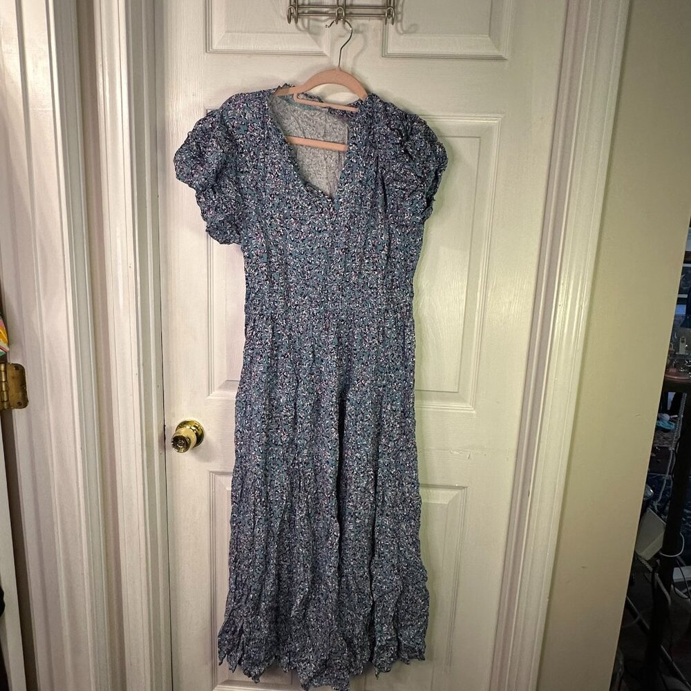Artsal - V-Neck Shirred Short Puff Sleeve Maxi Dress - Blue - XL - NWOT